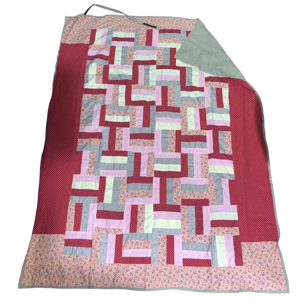 Handmade Patchwork Quilt Red Pink Floral Geometric 57x75 Cottagecore